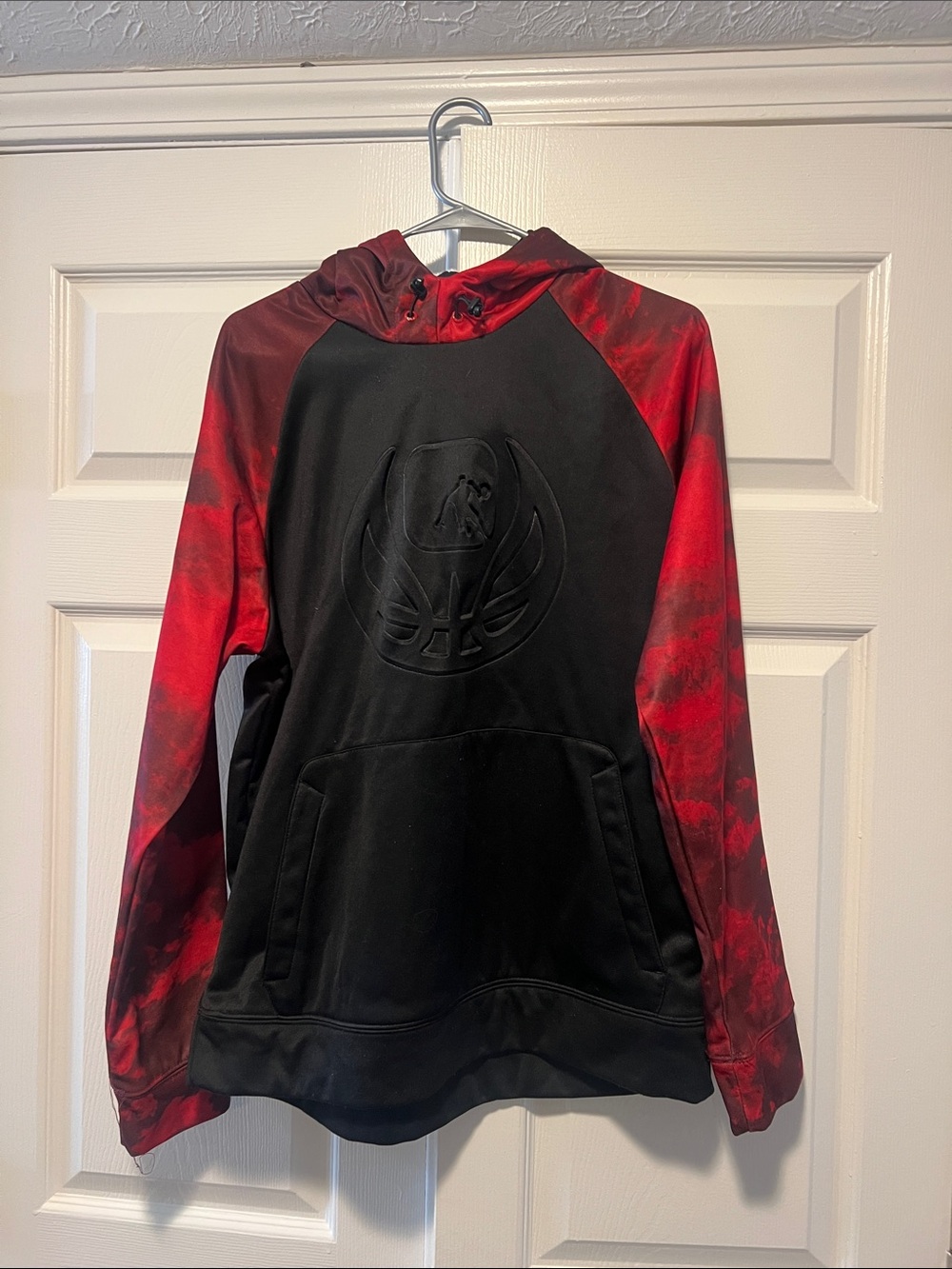 Men's Black Hoodie with Red Tie-Dye Raglan Sleeves